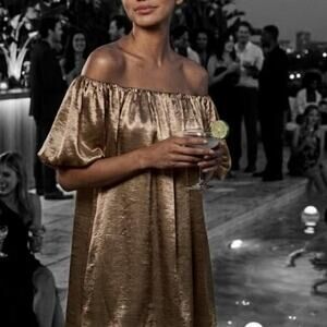 Gold Satin Puff Sleeve Babydoll Mini Dress SM